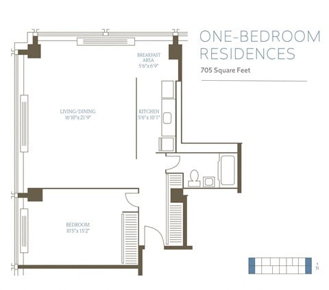 Floor plan for 1 bed, 1 bath, 705 sqft